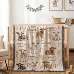 Personalized Farm Baby Woven Blanket, Custom Name Cow Nursery Decor, Boy Shower Gift - thumbnail 2