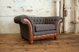 British Handmade 1.5 Seater Tan Tweed With Vintage Leather Chesterfield Snuggle Chair Sofa