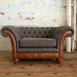 British Handmade 1.5 Seater Tan Tweed With Vintage Leather Chesterfield Snuggle Chair Sofa - thumbnail 2