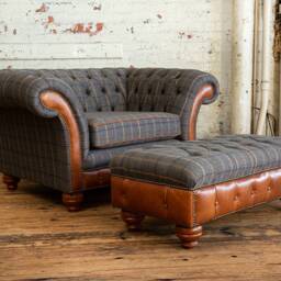 British Handmade 1.5 Seater Tan Tweed With Vintage Leather Chesterfield Snuggle Chair Sofa - thumbnail 4