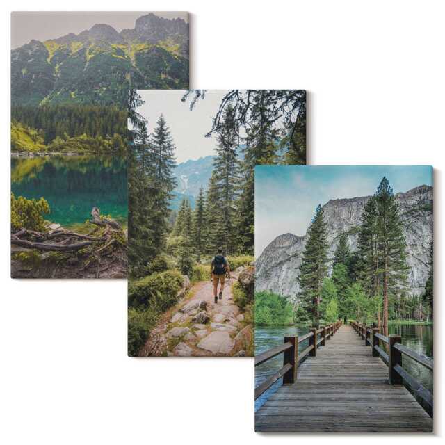 Canvas Wall Art Set Of 3 - Mountains, Lakes, Forests & Paths in Nature, Green Art, Landscapes Hanging Piece - image 1