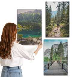 Canvas Wall Art Set Of 3 - Mountains, Lakes, Forests & Paths in Nature, Green Art, Landscapes Hanging Piece - thumbnail 2