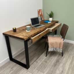 Large Live Edge Desk With 2 Drawers Handmade On Steel Square Legs - thumbnail 3
