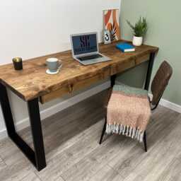 Large Live Edge Desk With 2 Drawers Handmade On Steel Square Legs - thumbnail 2
