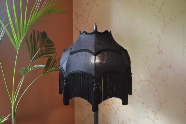 Gothic Black Lampshade Scalloped Silk With Rayon Fringe - image 1