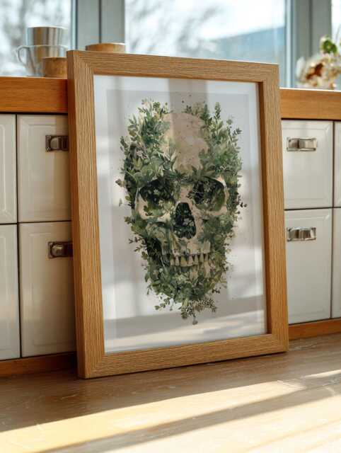 Blossoming Bones Botanical Skull Art Print - Green Plant Anatomy Wall Poster Framed & Unframed Options Available, Floral Bone - image 1