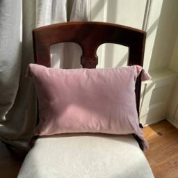 Velvet Cushion, Pink Oblong Cushion With Tassel, Rectangle For Bed, Blush Pillow, Lumbar Scatter - thumbnail 3