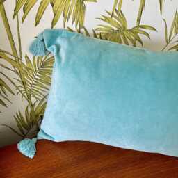 Velvet Cushion, Pink Oblong Cushion With Tassel, Rectangle For Bed, Blush Pillow, Lumbar Scatter - thumbnail 1