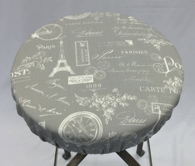 Elasticized Barstool Cover Paris French Stamp White On Gray, Round Kitchen Stool Padded Cover - image 1