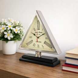 Vintage Steel Large Metal Table Clock - Triangular Desk With Roman Numerals - Classic Home & Office Decor Gift - thumbnail 3