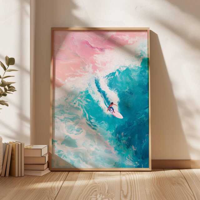 Surfing Poster, Retro Surf Print, Beachy Wall Art, Blue Summer Ocean Dopamine Decor, Beach Painting Coastal Decor - image 1