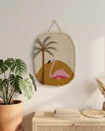 Punch Needle Flamingo Wall Hanging, Tropical Boho Fiber Art, Cotton Yarn Decor
