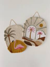 Tropical Punch Needle Wall Hanging Handmade Cotton Flamingo Palm Decor - thumbnail 1