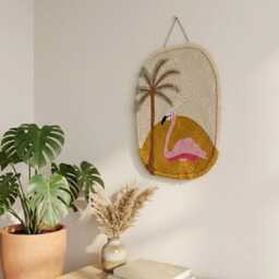 Punch Needle Flamingo Wall Hanging, Tropical Boho Fiber Art, Cotton Yarn Decor - thumbnail 2