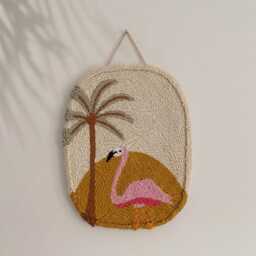 Punch Needle Flamingo Wall Hanging, Tropical Boho Fiber Art, Cotton Yarn Decor - thumbnail 4