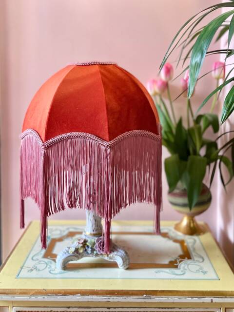 Handmade Coral Velvet Fringe Lampshade, Art Deco Tassel Light, 12 Inch - image 1