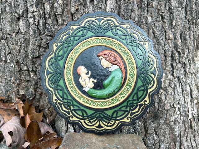Mother & Child - Cast Paper Hand Painted Irish Art Scottish Celtic Knot Baby Shower Mother's Day Birth - image 1
