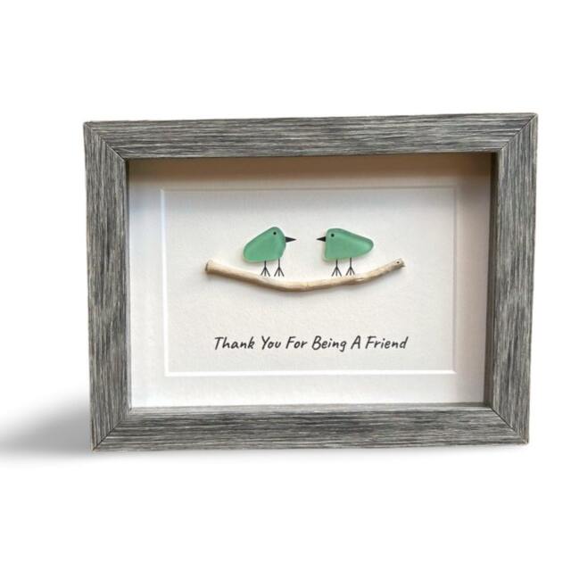 Thank You For Being A Friend Handmade Friendship Gift, 6x8 Framed Sea Glass Art Showing Two Seaglass Birds On Branch, Unique Gift For - image 1