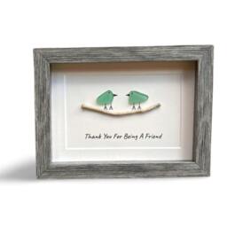 Thank You For Being A Friend Handmade Friendship Gift, 6x8 Framed Sea Glass Art Showing Two Seaglass Birds On Branch, Unique Gift For - thumbnail 1