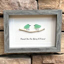Thank You For Being A Friend Handmade Friendship Gift, 6x8 Framed Sea Glass Art Showing Two Seaglass Birds On Branch, Unique Gift For - thumbnail 2