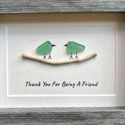 Thank You For Being A Friend Handmade Friendship Gift, 6x8 Framed Sea Glass Art Showing Two Seaglass Birds On Branch, Unique Gift For - thumbnail 3