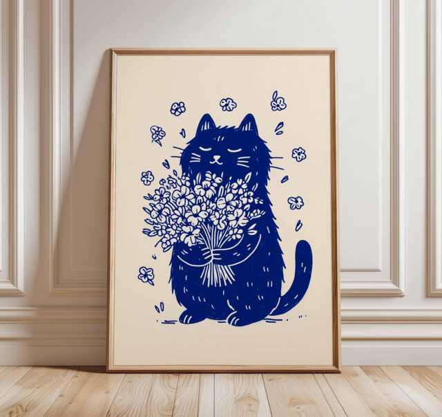 Cute Cat Poster - Blue Line Art Wall Print With Flowers, Minimalist Animal Illustration, Modern Whimsical Artwork For Home Decor - image 1