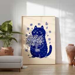 Cute Cat Poster - Blue Line Art Wall Print With Flowers, Minimalist Animal Illustration, Modern Whimsical Artwork For Home Decor - thumbnail 3