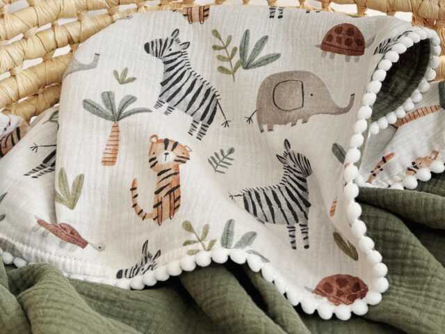 Personalized Organic Muslin Baby Blanket, Safari Animals, Embroidered Name - image 1