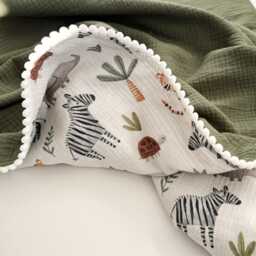 Personalized Organic Muslin Baby Blanket, Safari Animals, Embroidered Name - thumbnail 3