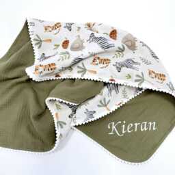 Personalized Organic Muslin Baby Blanket, Safari Animals, Embroidered Name - thumbnail 2