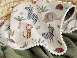 Personalized Organic Muslin Baby Blanket, Safari Animals, Embroidered Name - thumbnail 1