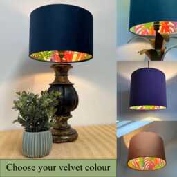 Velvet & Multicoloured Leaves Double Sided Drum Lampshade - Handmade Ceiling Light Shade Bespoke UK - thumbnail 1