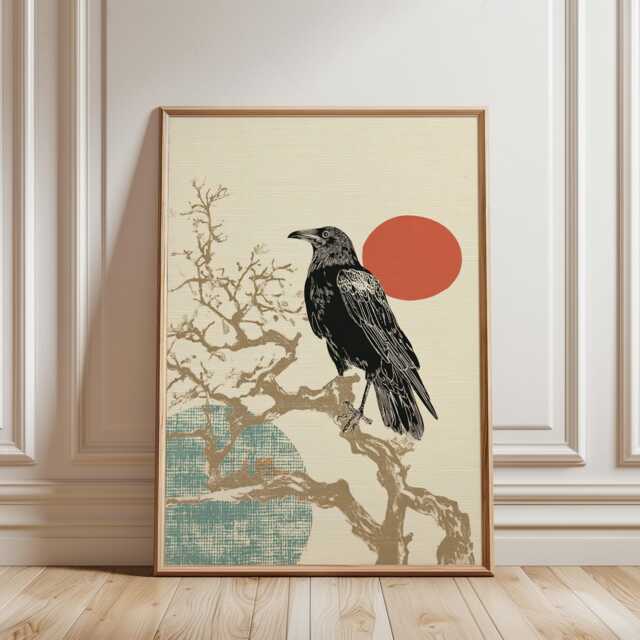 Japanese Raven Poster Bird Wall Art Minimal Nature Print Dark Wood Interior Decor Living Room Art, Woodblock Style - image 1