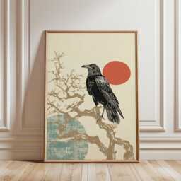 Japanese Raven Poster Bird Wall Art Minimal Nature Print Dark Wood Interior Decor Living Room Art, Woodblock Style - thumbnail 1