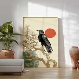 Japanese Raven Poster Bird Wall Art Minimal Nature Print Dark Wood Interior Decor Living Room Art, Woodblock Style - thumbnail 3