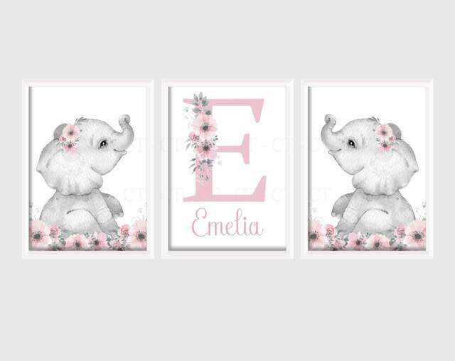 Safari Animal Elephant Baby Girls A4 Or A3 Nursery Set Of Unframed Prints Black & White Pink Flowers - image 1