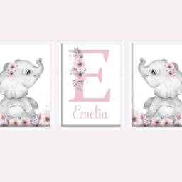 Safari Animal Elephant Baby Girls A4 Or A3 Nursery Set Of Unframed Prints Black & White Pink Flowers - thumbnail 3