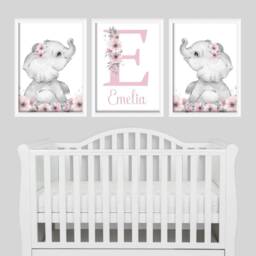 Safari Animal Elephant Baby Girls A4 Or A3 Nursery Set Of Unframed Prints Black & White Pink Flowers - thumbnail 2