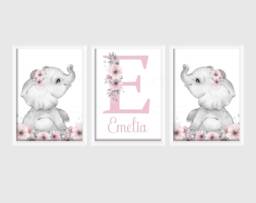 Safari Animal Elephant Baby Girls A4 Or A3 Nursery Set Of Unframed Prints Black & White Pink Flowers - thumbnail 1