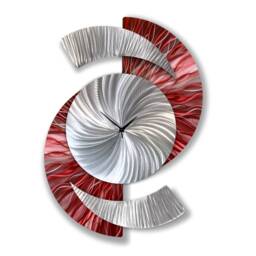 Large Red & Silver Metal Wall Clock Modern Abstract Art Timepiece - thumbnail 3