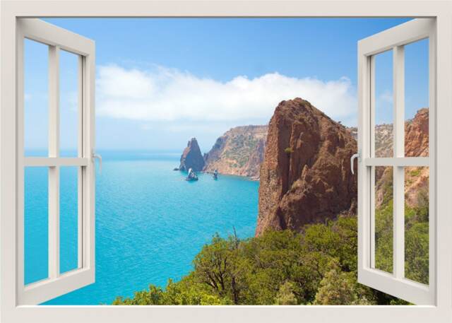 Sea View Rocks Wall Decal Mural, 3D Window Decal, Beach Sticker, Nature Bedroom Home Decor Living Room