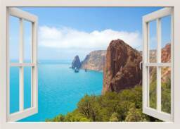 Sea View Rocks Wall Decal Mural, 3D Window Decal, Beach Sticker, Nature Bedroom Home Decor Living Room