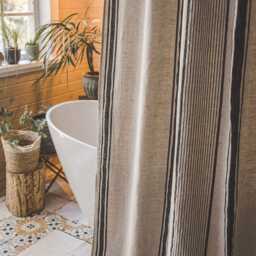 French Style Linen Shower Curtain - Striped Farmhouse With Waterproof Liner Natural Heavy Custom Sizes Available - thumbnail 3
