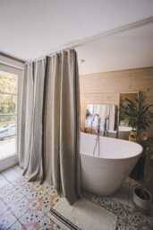French Style Linen Shower Curtain - Striped Farmhouse With Waterproof Liner Natural Heavy Custom Sizes Available - thumbnail 1