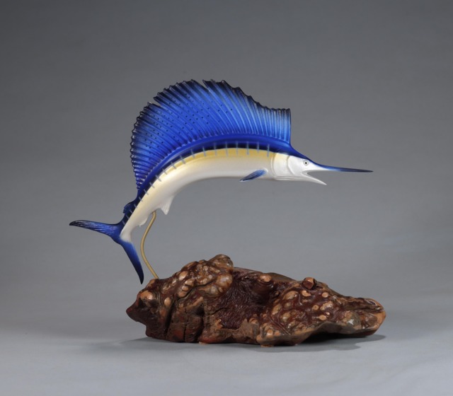 Sailfish Sculpture By John Perry Airbrushed 11In Long On Burlwood Base. Signed - image 1