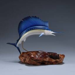 Sailfish Sculpture By John Perry Airbrushed 11In Long On Burlwood Base. Signed - thumbnail 2