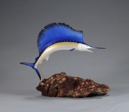 Sailfish Sculpture By John Perry Airbrushed 11In Long On Burlwood Base. Signed - thumbnail 1