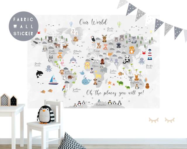 Animal World Map Fabric Wall Sticker Nursery Art - image 1