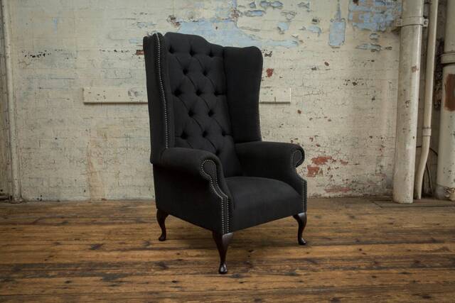 Charcoal Grey Herringbone Wool Chesterfield High Back Wing Chair, British Handmade - image 1