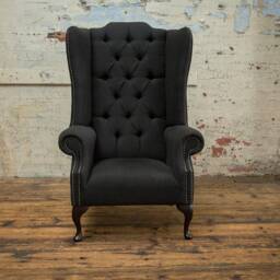 Charcoal Grey Herringbone Wool Chesterfield High Back Wing Chair, British Handmade - thumbnail 2